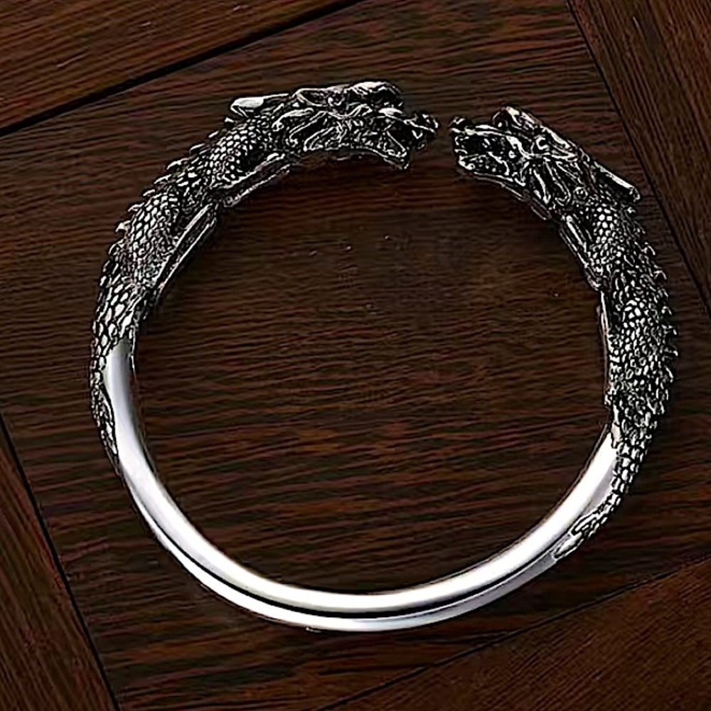 Silver Viking Wolf Head Norse Bangle Cuff Bracelet